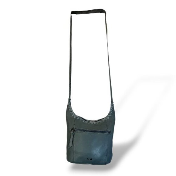 The Sak Lucia Leather Crossbody Bag Sage Green Crochet Trim Bucket Style Boho - Picture 4 of 9